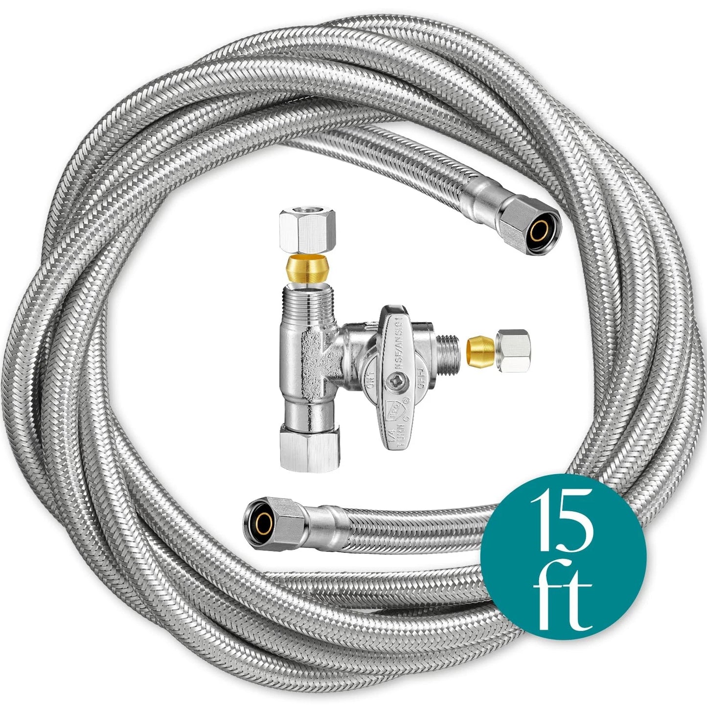 Refrigerator Ice Maker Water Line Kit - 15' Braided Stainless 15 Feet, Silver