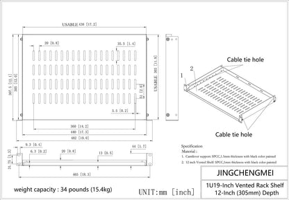 Jingchengmei 1U Disassembled Vented Cantilever Server Rack 12"Deep, Black