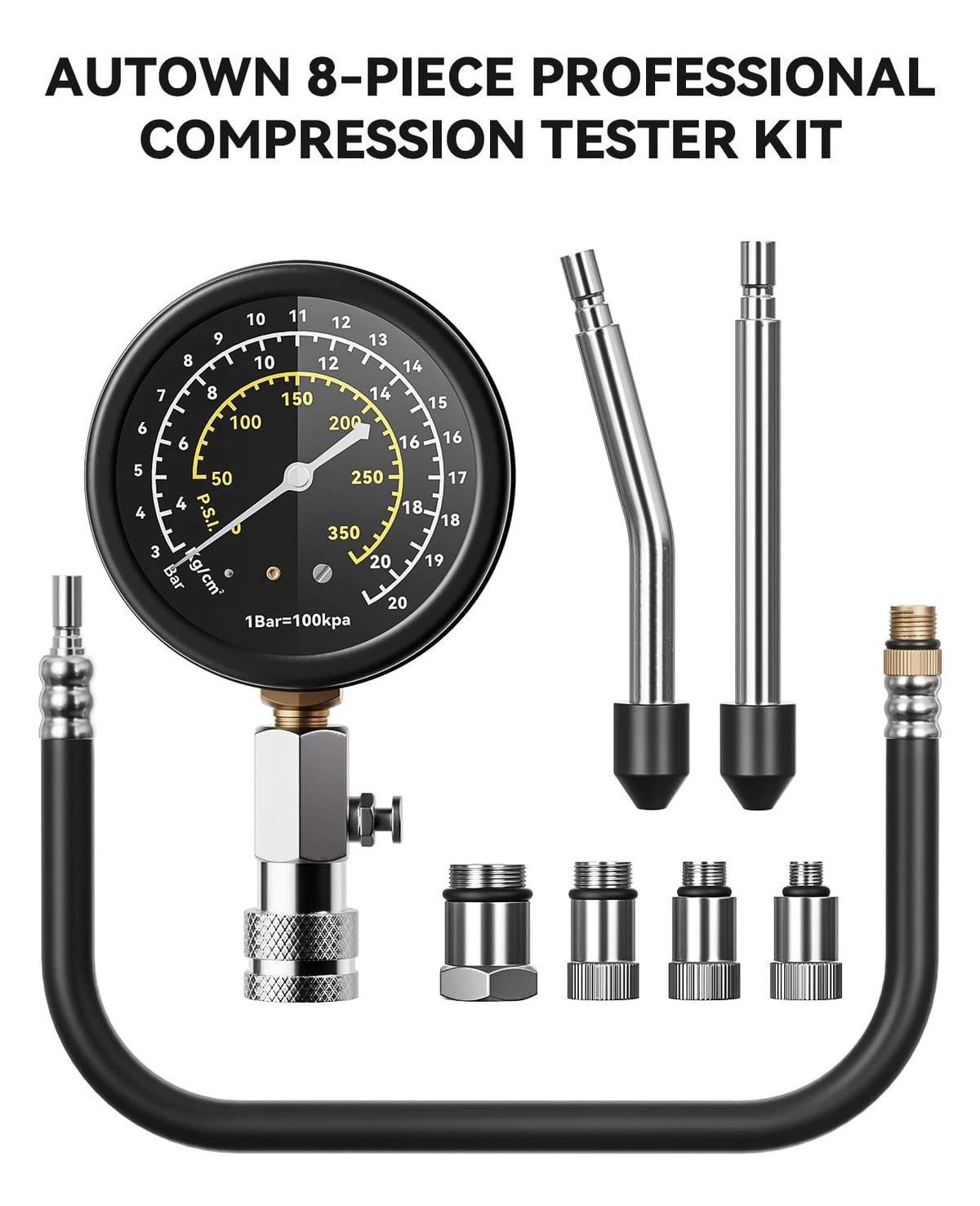 AUTOWN Professional Compression Tester Kit, 300 PSI 8-Piece, Grey