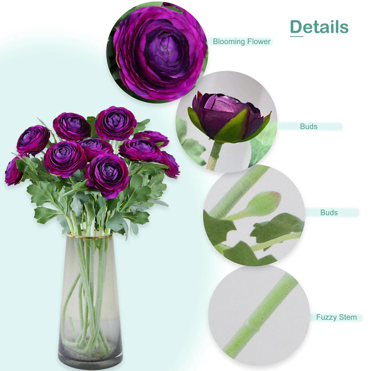 Artificial Ranunculus Flowers with Real Touch Stem,Silk 6, Purple