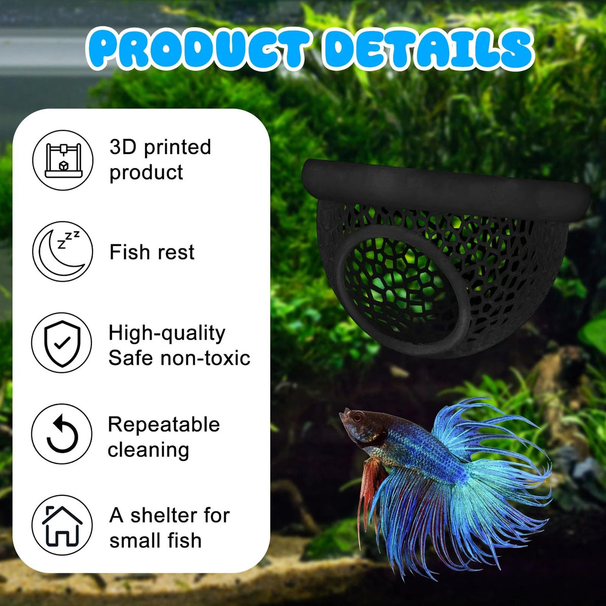 Floating Betta Hide & Shrimp Cave – 3D Printed Aquarium Decor, Black