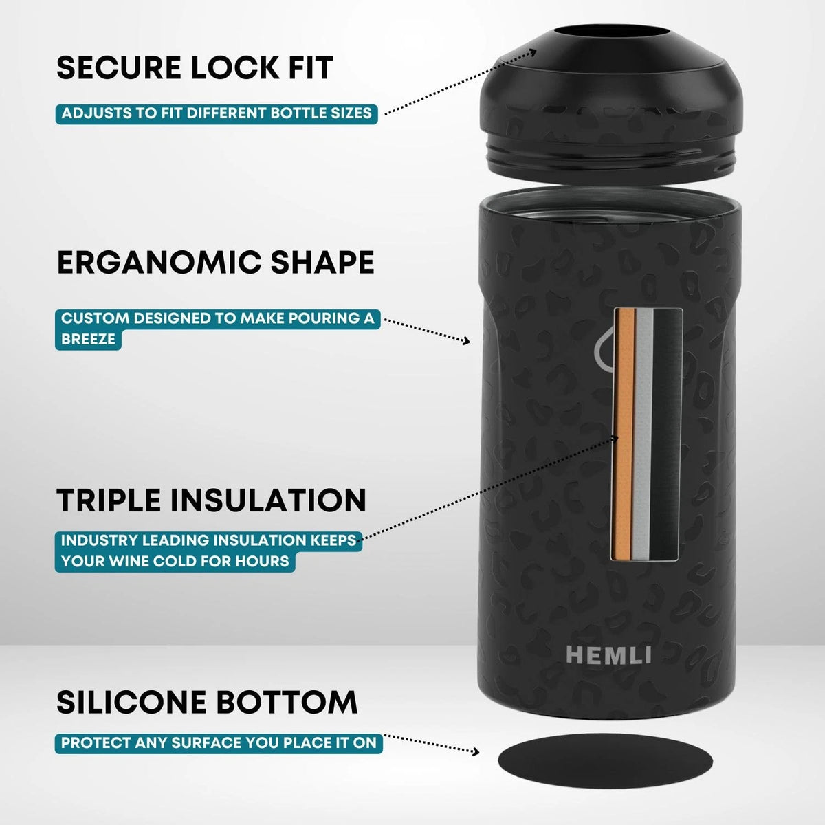 HEMLI Wine Bottle Chiller Insulator Sleeve, fits 750ml bottles, Black Leopard