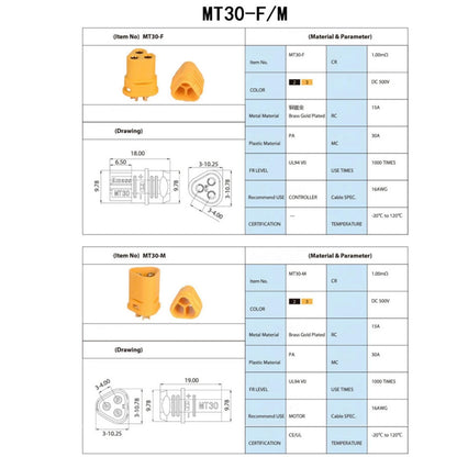 5Pairs MT30 Male + Female 3 Pin Gold Plated Connector Adapter 15A Plug Set