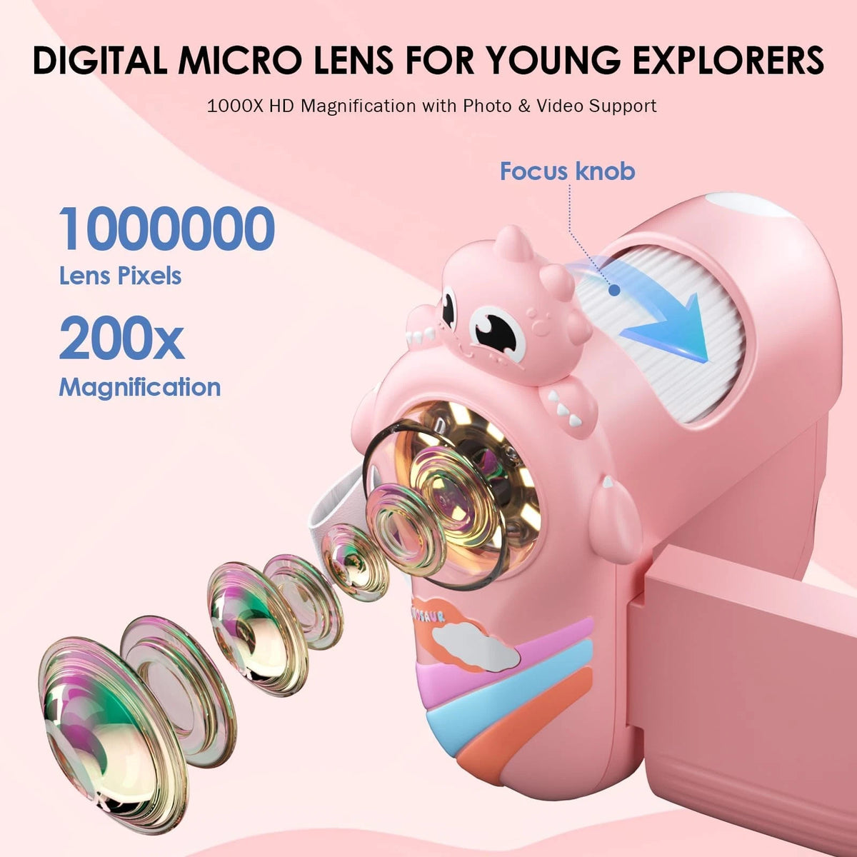 Zynoscope Microscope for Kids 1000X Magnification, 3-in-1 Handheld Pink
