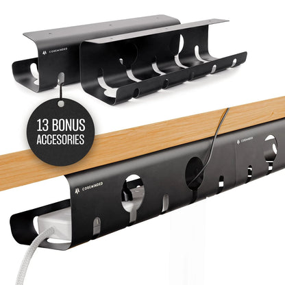 No-Drill Under Desk Cable Management Tray - 2-Pack Wire & Medium, Matte Black
