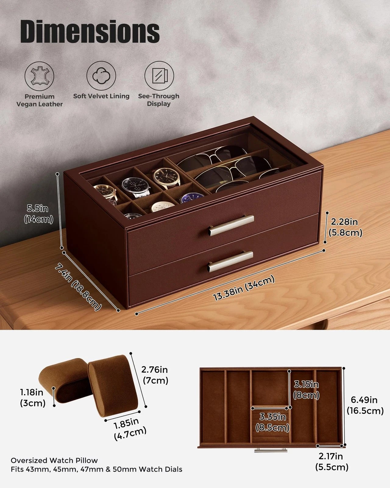 ProCase Mens Jewelry Box Pull-Out Drawer, 6 Slot Watch Case & 5 Espresso
