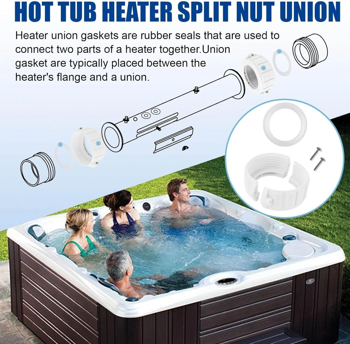 2" Spa Hot Tub Heater Split Nut Unions with Screw and Gasket/O-Rings,...