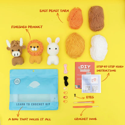 GONELYON Crochet Kit for Beginners, 3Pcs Amigurumi Lion, Bull, Rabbit