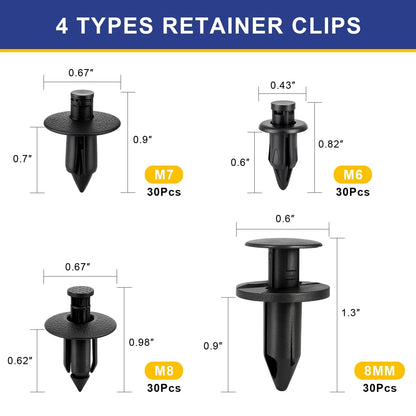 Plastic Rivets, 120pcs Push Pin Clips Body M6, M7, M8, 7661855, Black