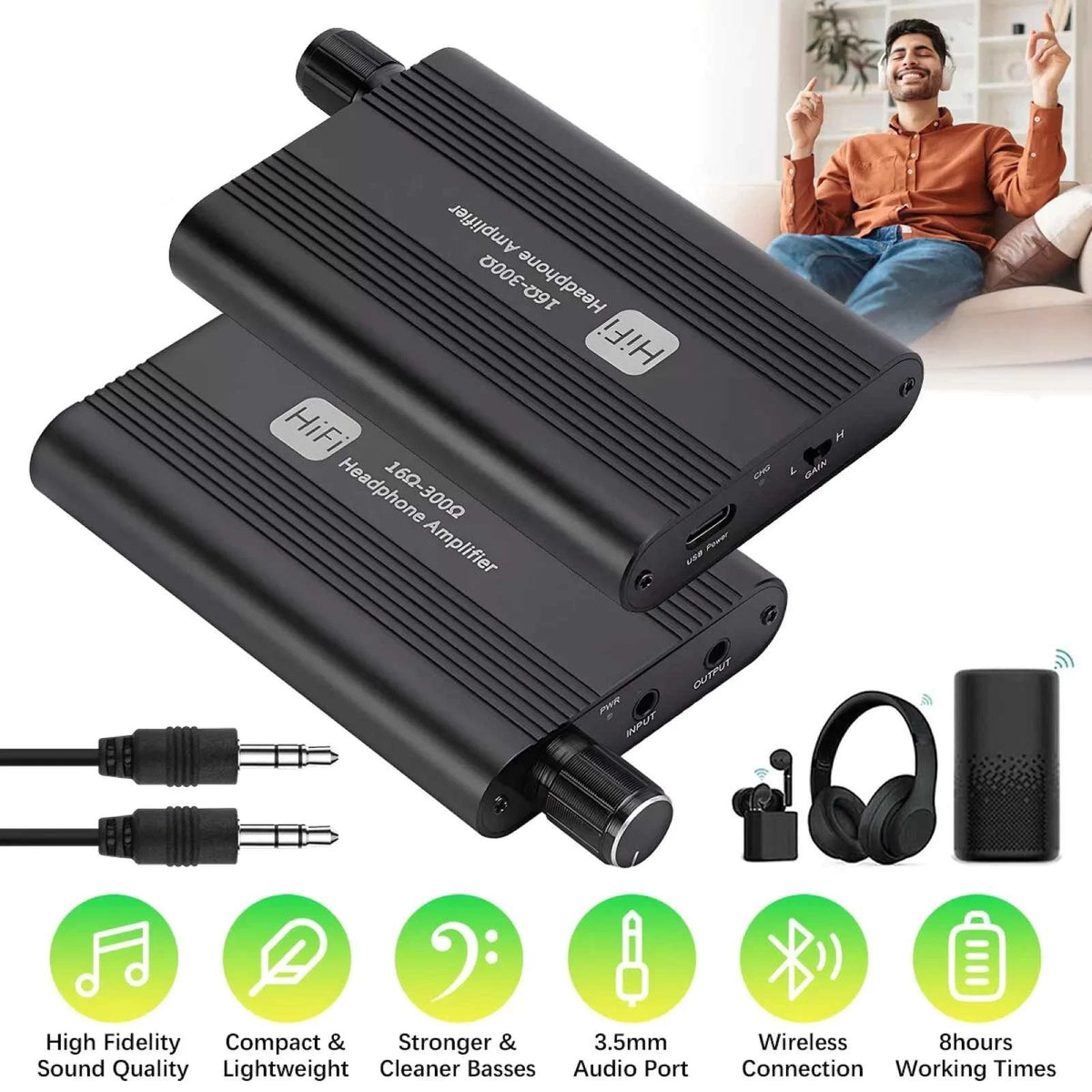 16Ω-300Ω HIFI Headphone Amplifier 3.5mm AUX Audio w/ USB Cable Earphone AMP