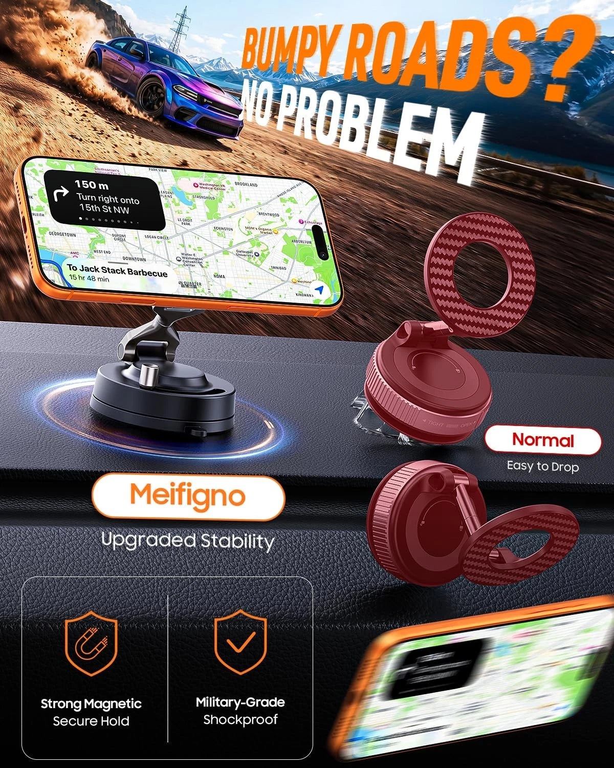 Meifigno for Magsafe Car Mount, [Metal Alloy Arm] Strongest Vacuum Black