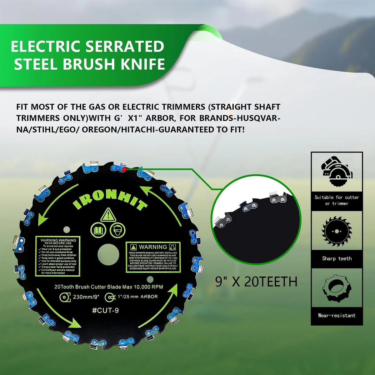 IRONHIT 9" x 20T Chainsaw Tooth Brush Cutter Blades, x 36 Teeth BLACK