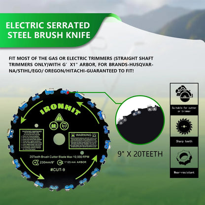 IRONHIT 9" x 20T Chainsaw Tooth Brush Cutter Blades, x 36 Teeth BLACK