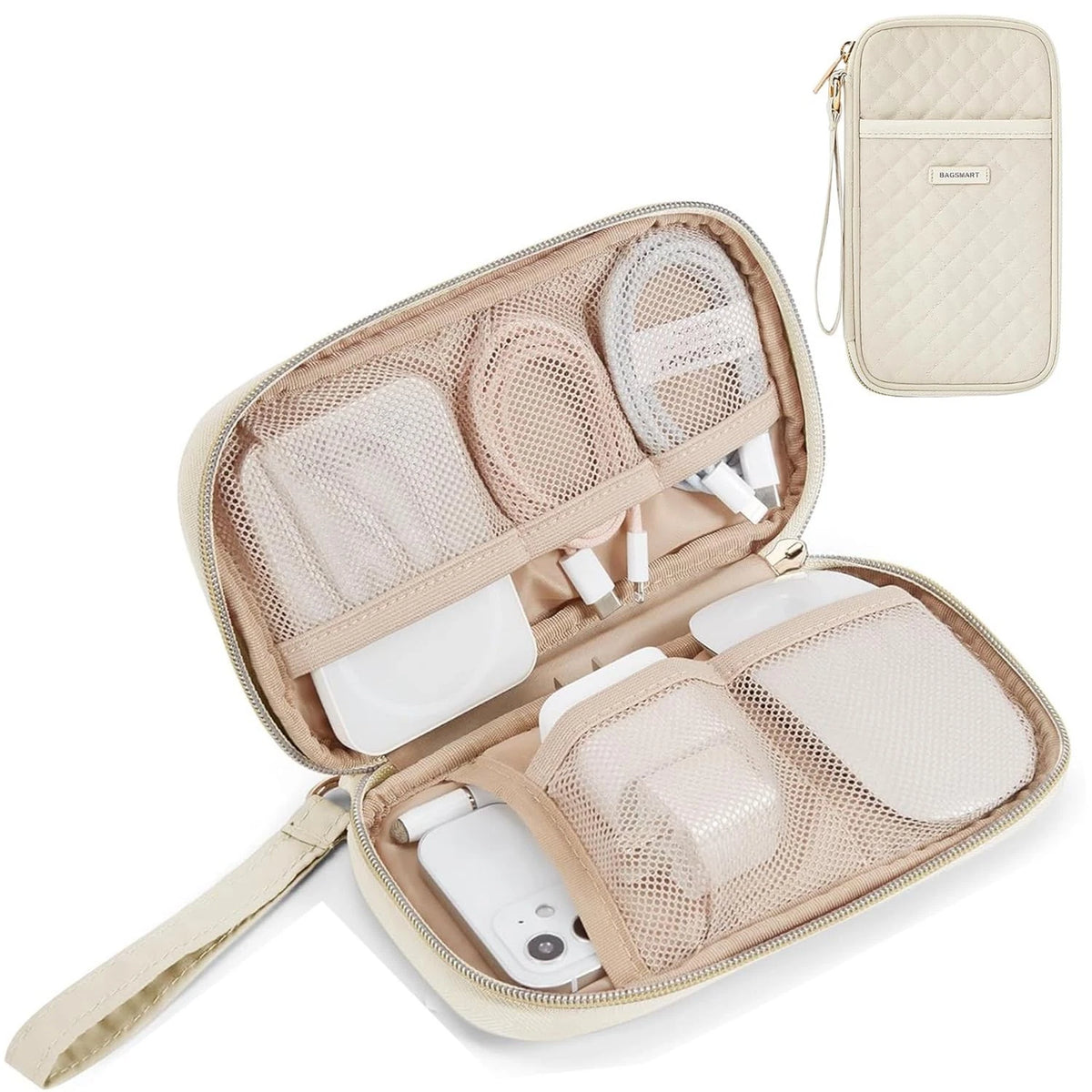 BAGSMART Cord Organizer Travel Cable Small, Single Layer Quilted Beige