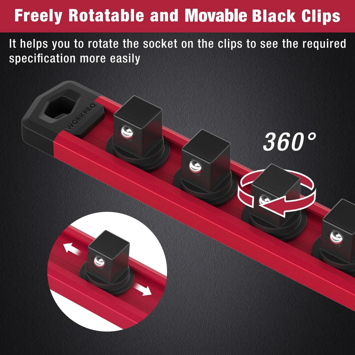 WORKPRO Magnetic Socket Organizer, 3/8-Inch Drive Aluminum Alloy 3/8" DR, Red