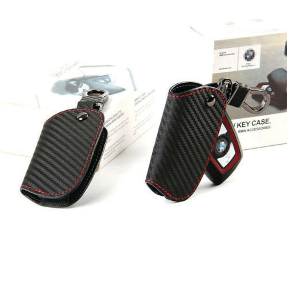 Car Black  Leather Key Case Carbon Fiber Bag For BMW 1 2 3 4 5 6 Series E