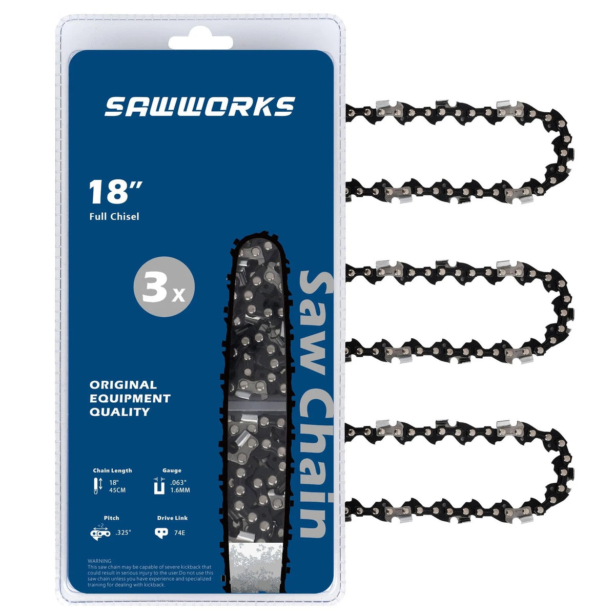 3-pack Chainsaw Chain 18 Inch, .325" Pitch .063" Gauge 74 Drive Links for...