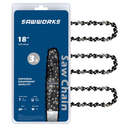 3-pack Chainsaw Chain 18 Inch, .325" Pitch .063" Gauge 74 Drive Links for...