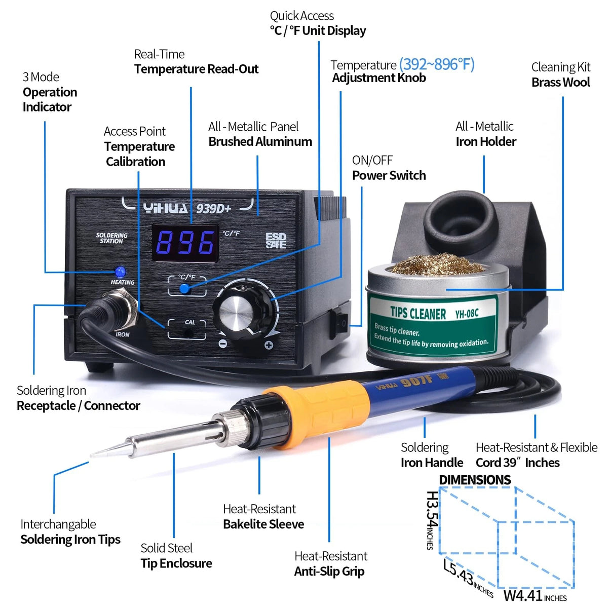 YIHUA 939D+ Digital Soldering Station, 75W Equivalent with Precision Black