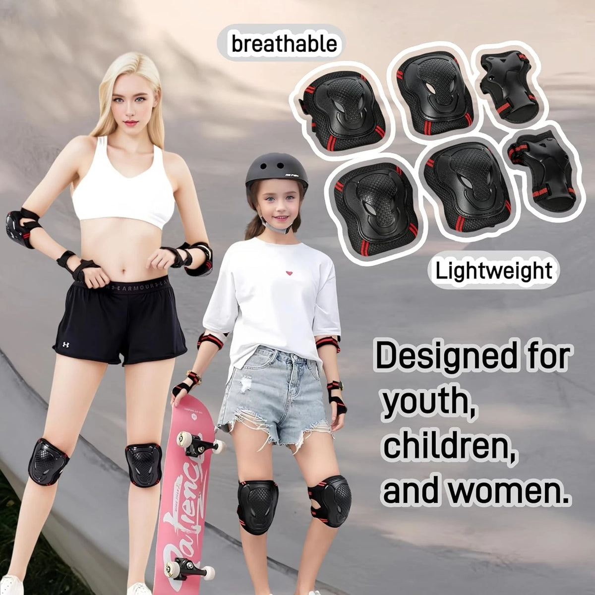 Kids Knee Pads and Elbow Set,Knee for Medium, black&red