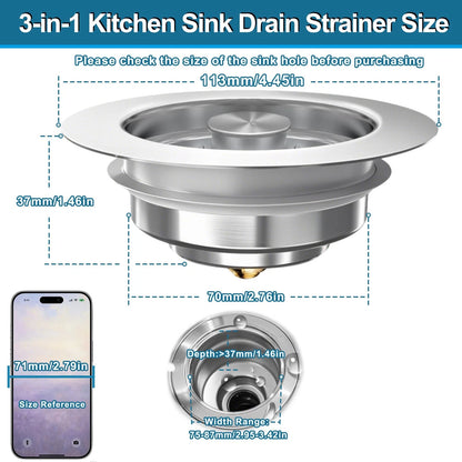 3-in-1 Kitchen Sink Drain Strainer Stopper, Upgraded Stainless Steel Silver