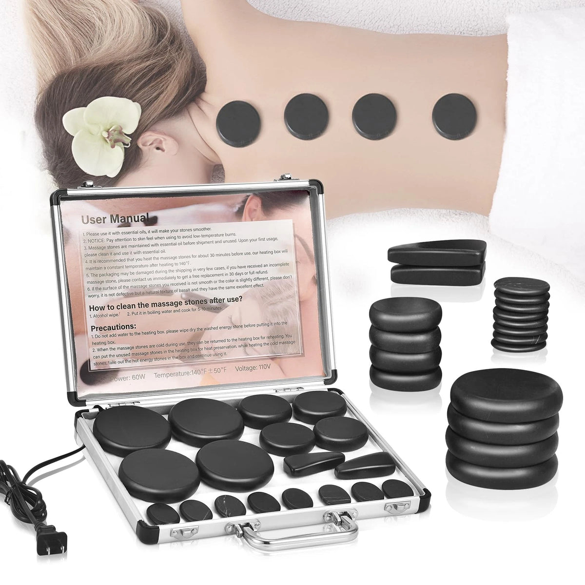 MOUOUSO Hot Stones Massage Set, 18 Pcs with Warmer, 18Pcs, Black