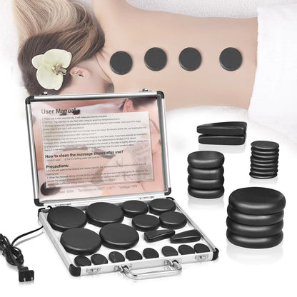 MOUOUSO Hot Stones Massage Set, 18 Pcs with Warmer, 18Pcs, Black