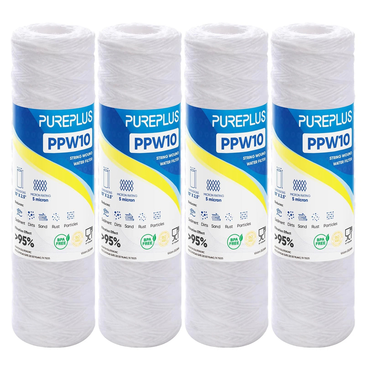 PUREPLUS 5 Micron 10"x2.5" Whole House String 4 Count (Pack of 1), Black
