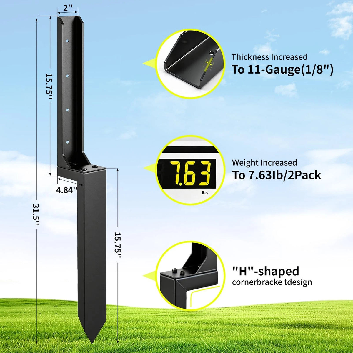 2pcs Fence Post Repair Kit - Fix Rotted or 1.96” x31.5” x15.75 in, Black