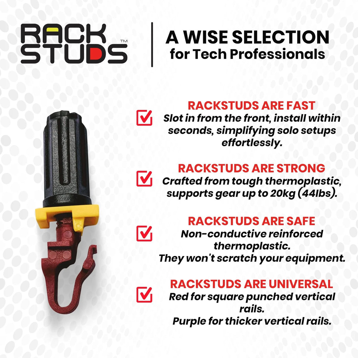Rackstuds R20 Series II - Server Rack Screws 20 Pack | Cage Nut 20 Pack, Red