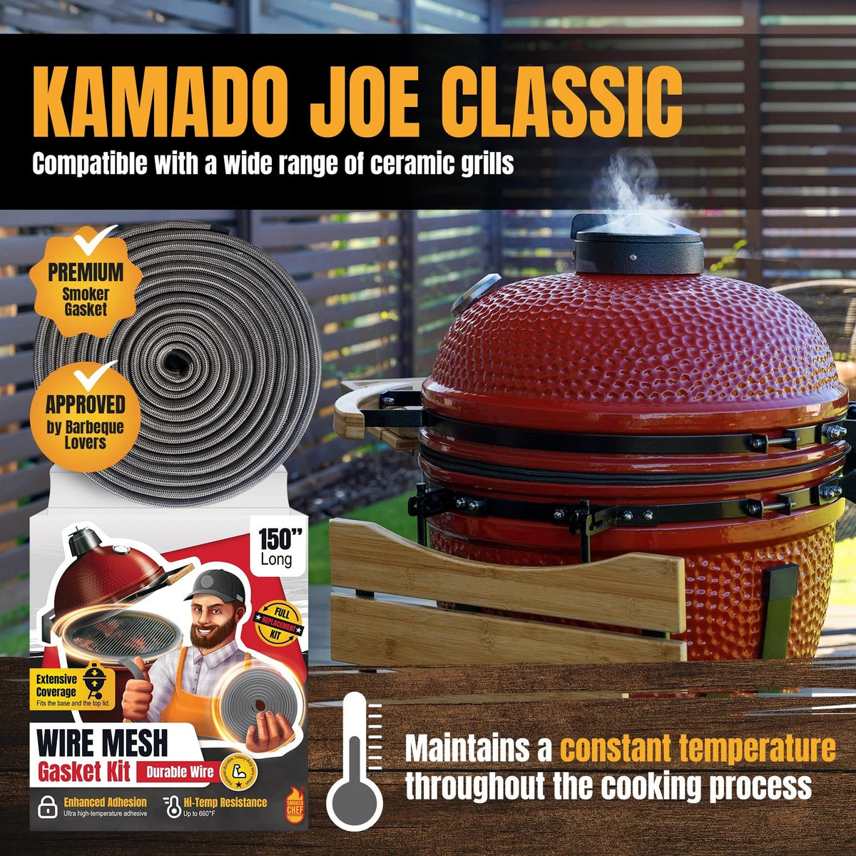 Wire Mesh Gasket Kit Fit for Kamado Joe Classic - 150" - CLASSIC JOE, Gray