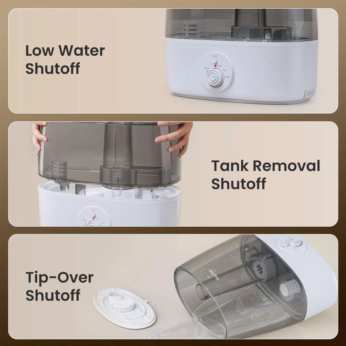 Provirtec 6.5L Stay Clean Tank Humidifier for Large Room, Low 6.5L, White