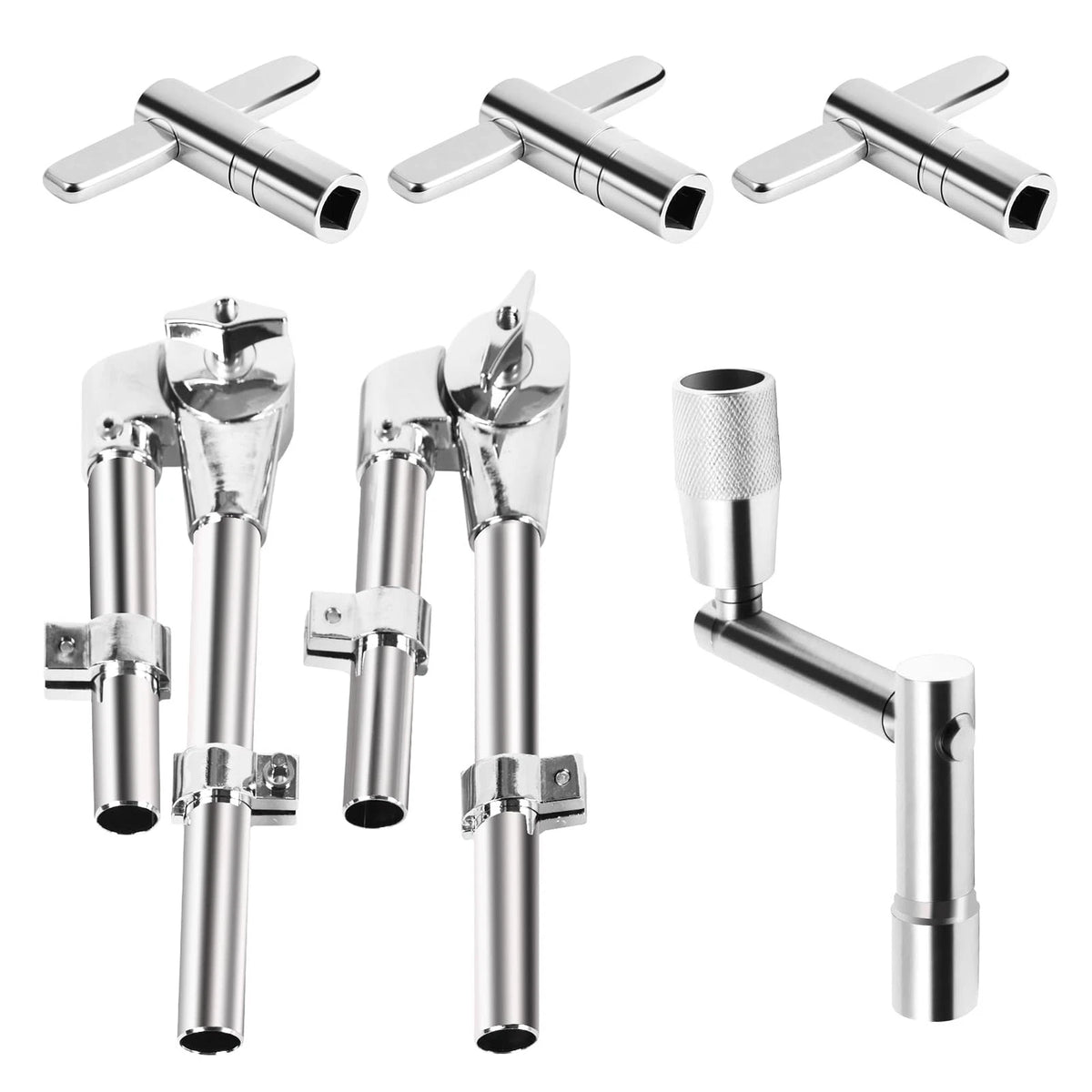 Seteol Drum Key & Tom Brackets Set, 3 Standard Square Lug Silver