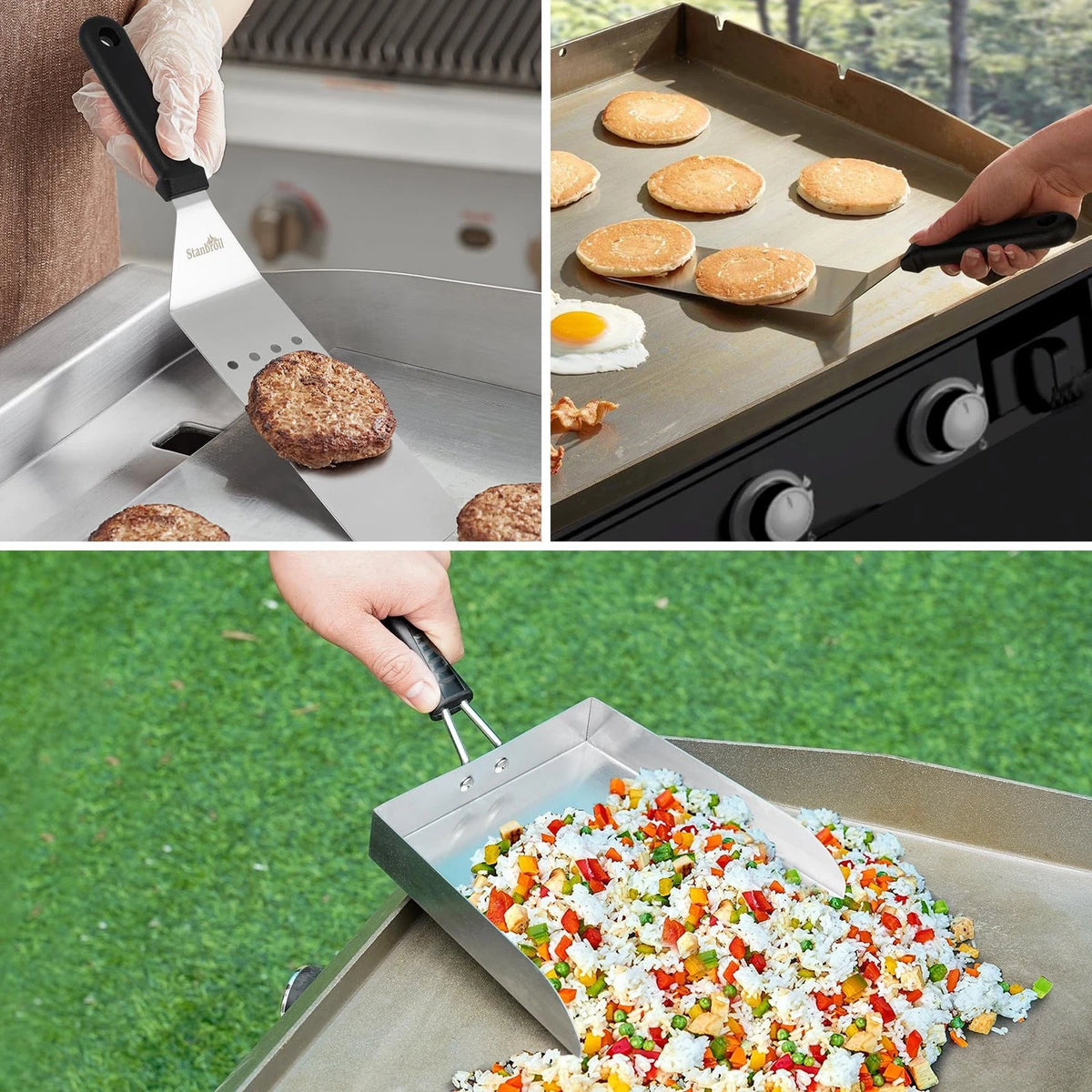 Stanbroil Stainless Steel Griddle Food Mover, 3 PCS 13" x 7", Silver/Black