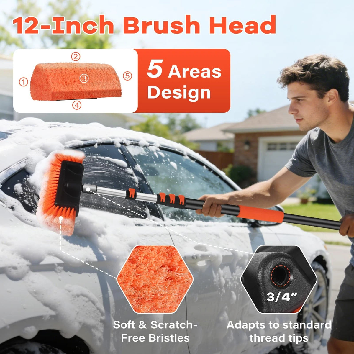 ACTREY Car Wash Brush with Long Handle,Car Clean 6-in-1 Kit, Orange