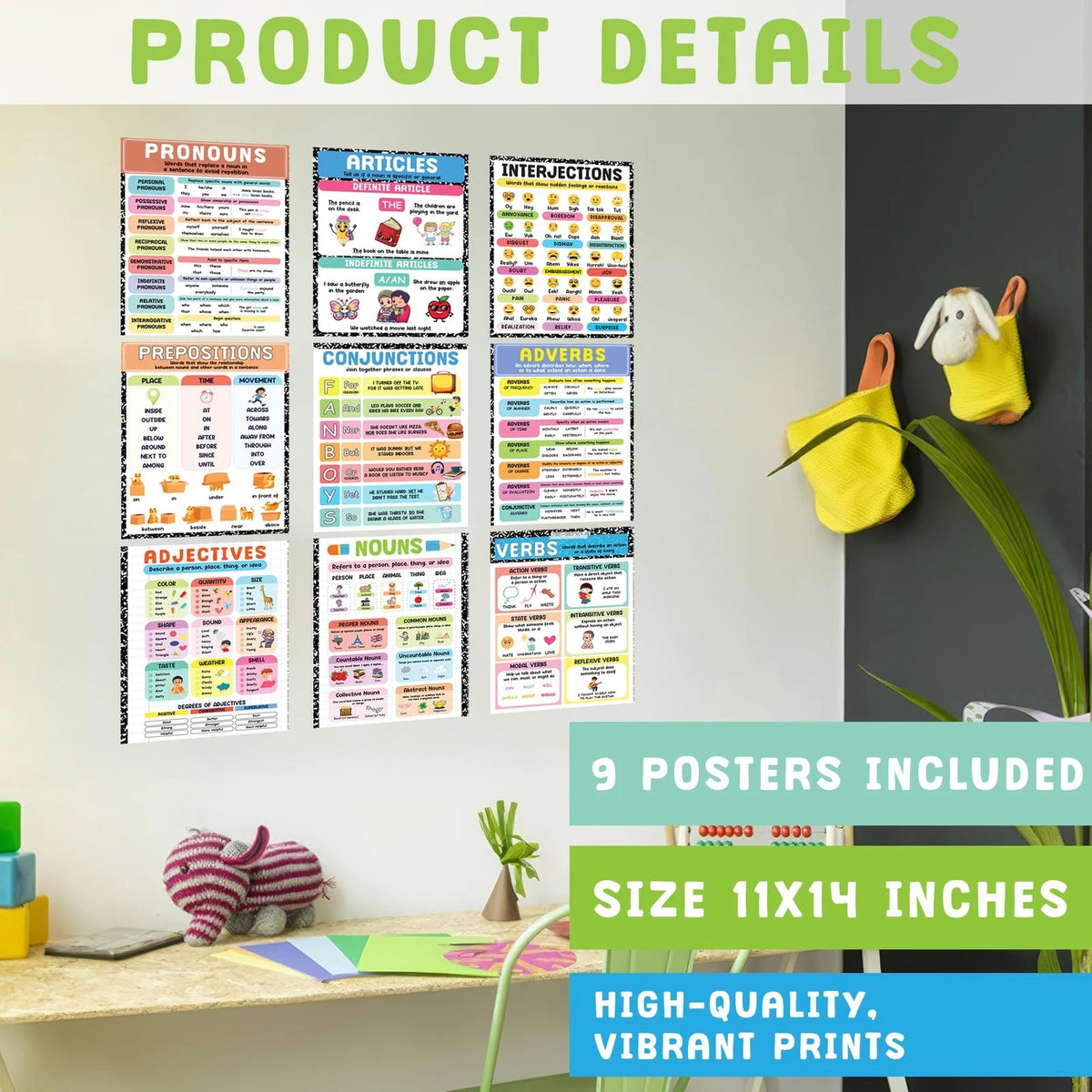 9 Pcs Parts Of Speech Posters For Classroom 11x14 inches, English Poster