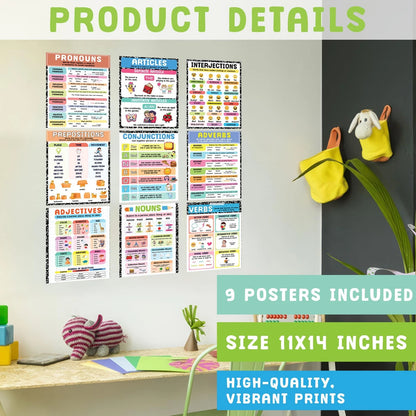 9 Pcs Parts Of Speech Posters For Classroom 11x14 inches, English Poster