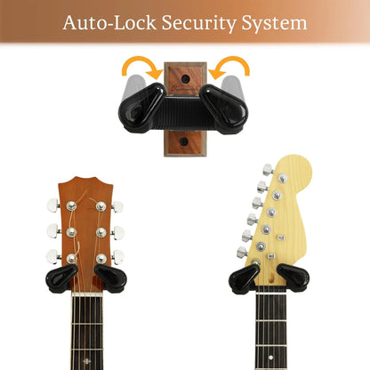 Guitar Wall Mount 2 Pack, Auto Lock Black Walnut Wood, Wood