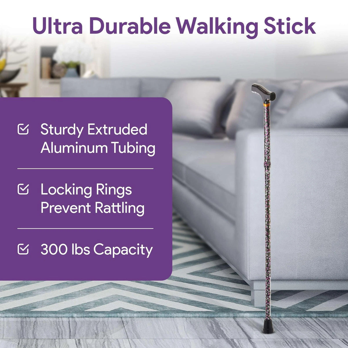 Folding Walking Cane for Women and Men - 33" - 37" Adjustable Black Floral
