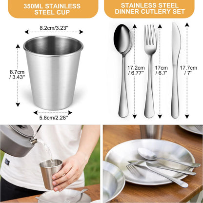 Odoland Stainless Steel Camping Mess Kit for Family & 1 1 Person Set, Silver