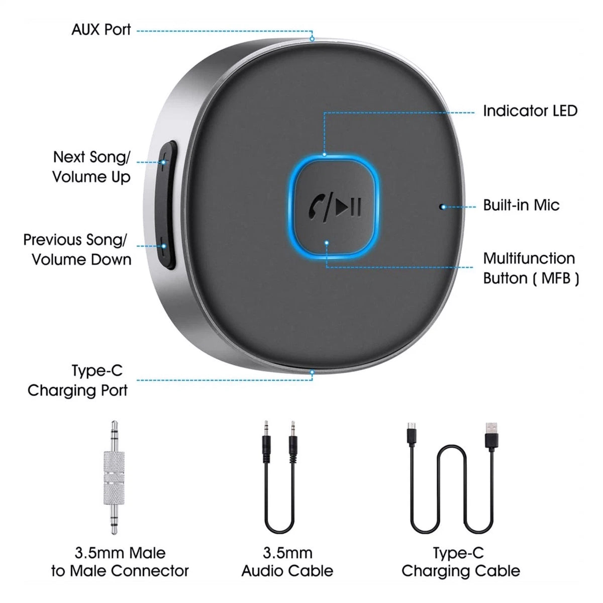 3.5mm Wireless Bluetooth Receiver For Car Home Stereo Music Adapter Type-C