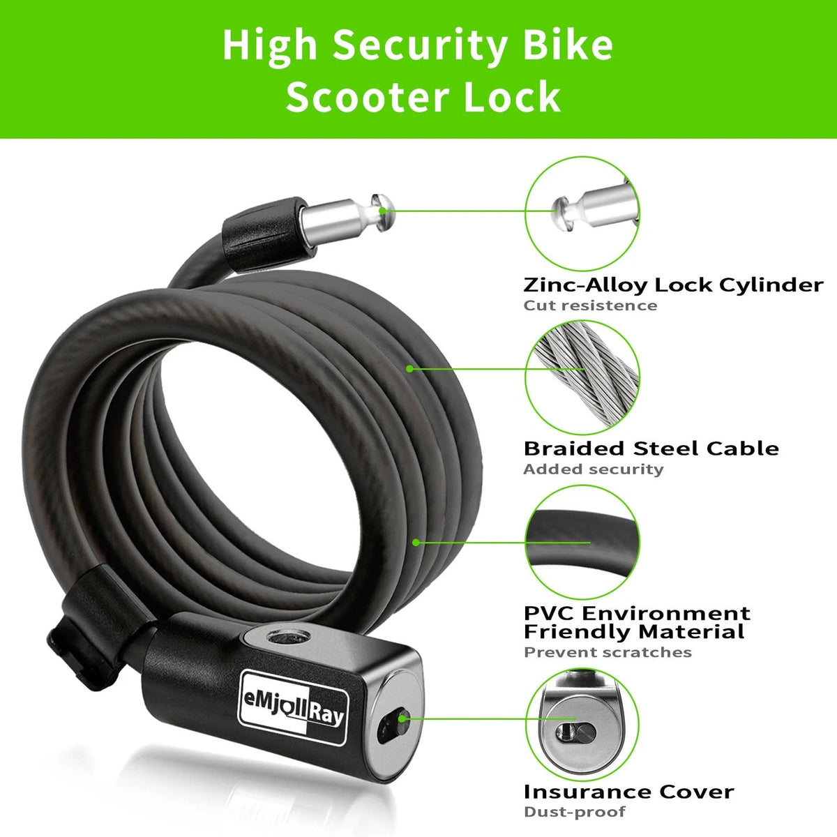 eMjollRay 4 Feet Scooter Lock - Anti Theft Cable with 4 Feet, Dark Grey