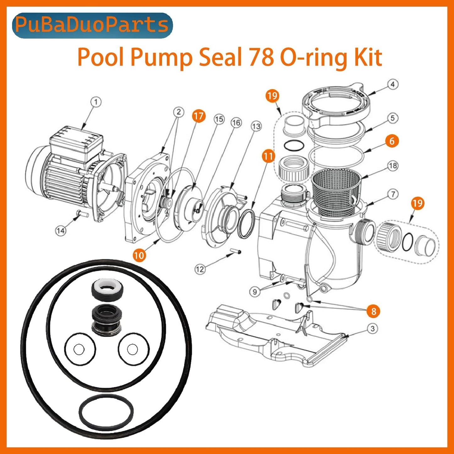 PuBaDuoParts Pool Pump Gasket Seal O-Ring Rebuild Repair Kit Fit for black
