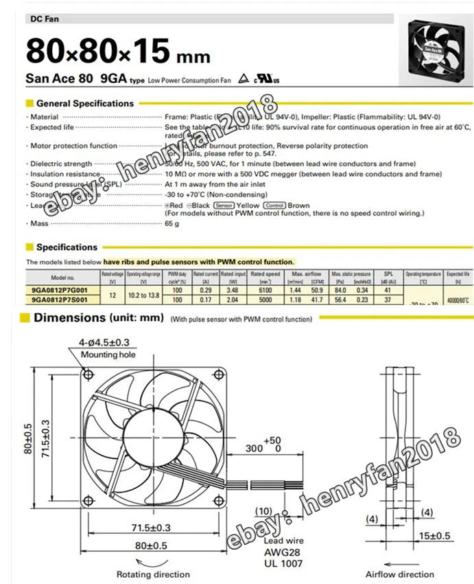 SANYO 9GA0812P7G001 SanAce Axial Fan 12V 0.29A 80*80*15MM 4-wire PWM Cooling Fan