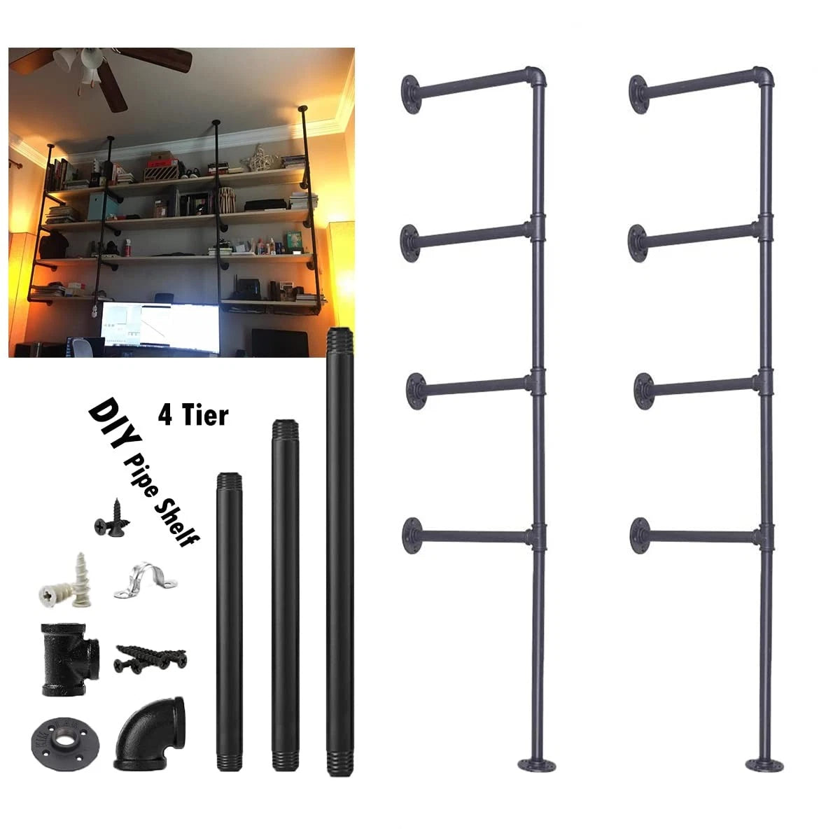 Industrial Wall Mount Iron 2 Pcs 4 Tier pipe shelf,Not included planks, Black