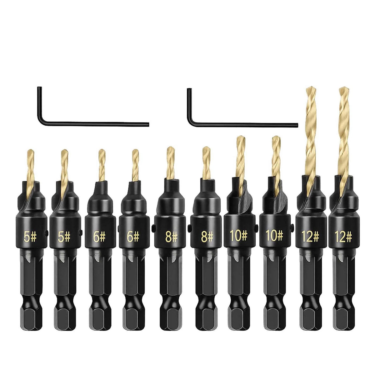 12-Piece Countersink Drill Bit Set One-Step Drill & Countersink, 1/4" Hex Shank