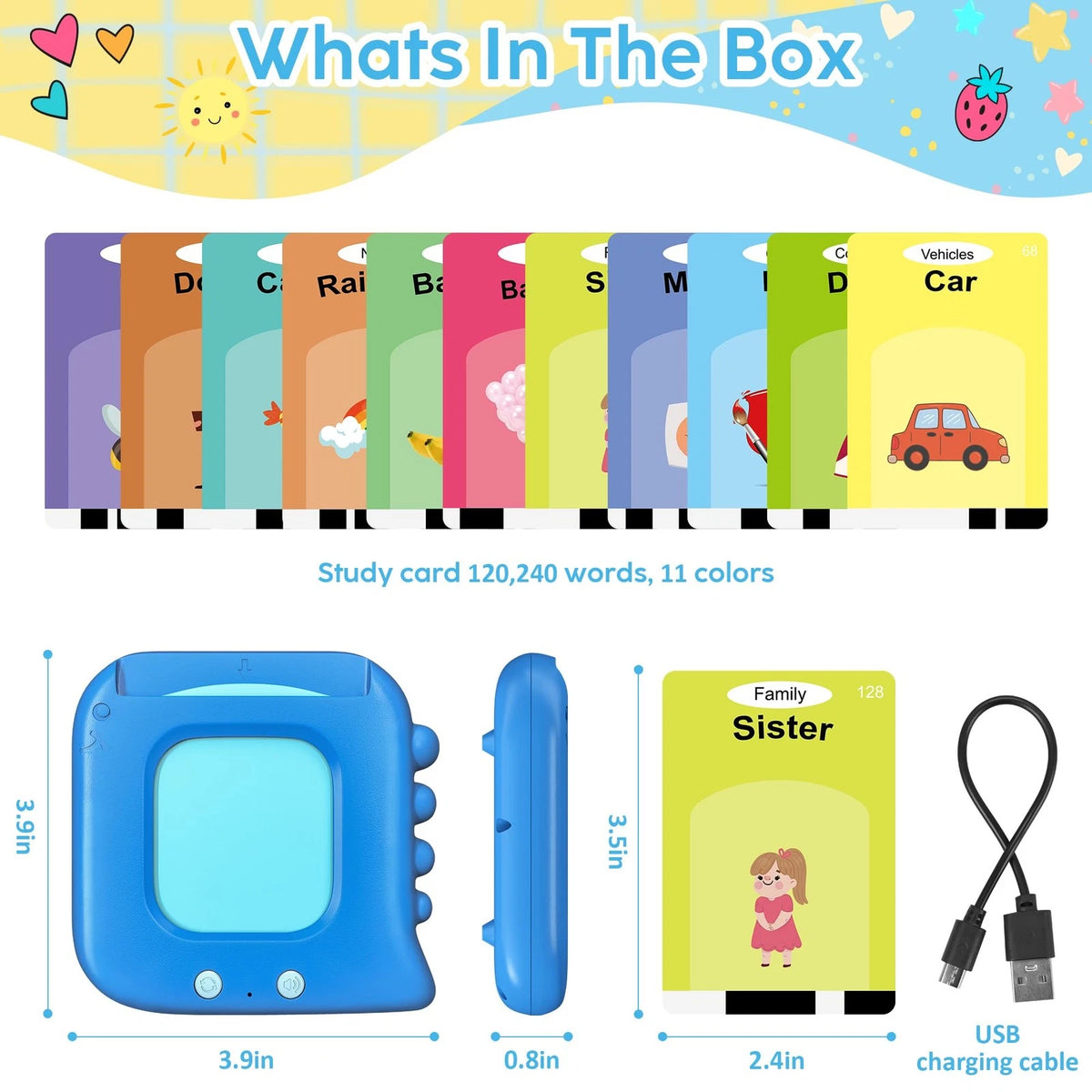 Talking Flash Cards,Kids Toddler Cards with 240 Sight 1, Blue