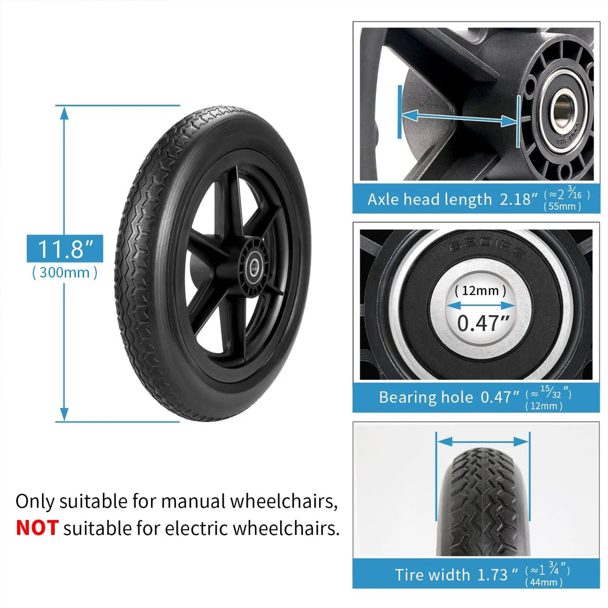 Wiykkur 12 Inch Wheelchair Wheels Replacement (1 12 1/2 x 2 1/4" Black, Black