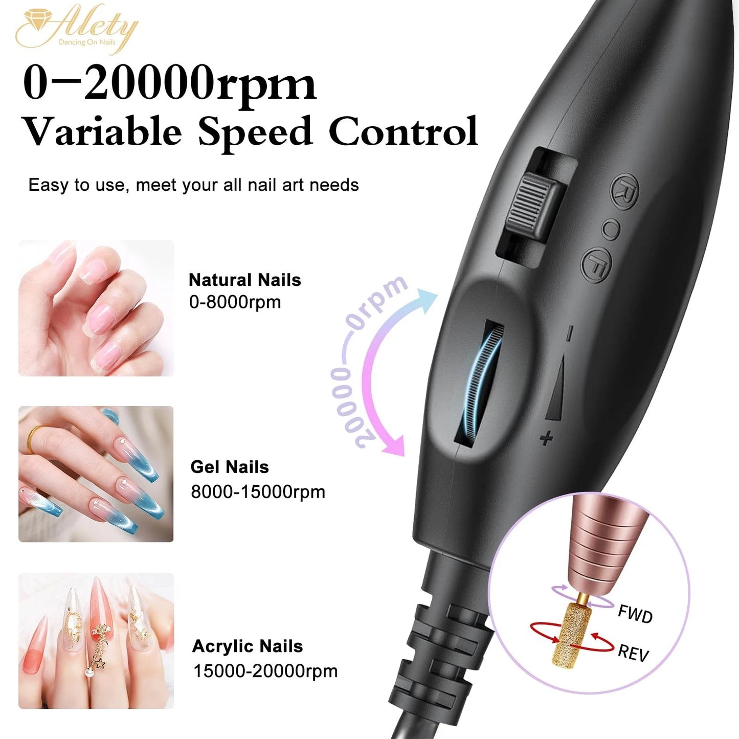 Alety Electric Nail Drill Kit - Portable File for Acrylic Gel Nails, Gold