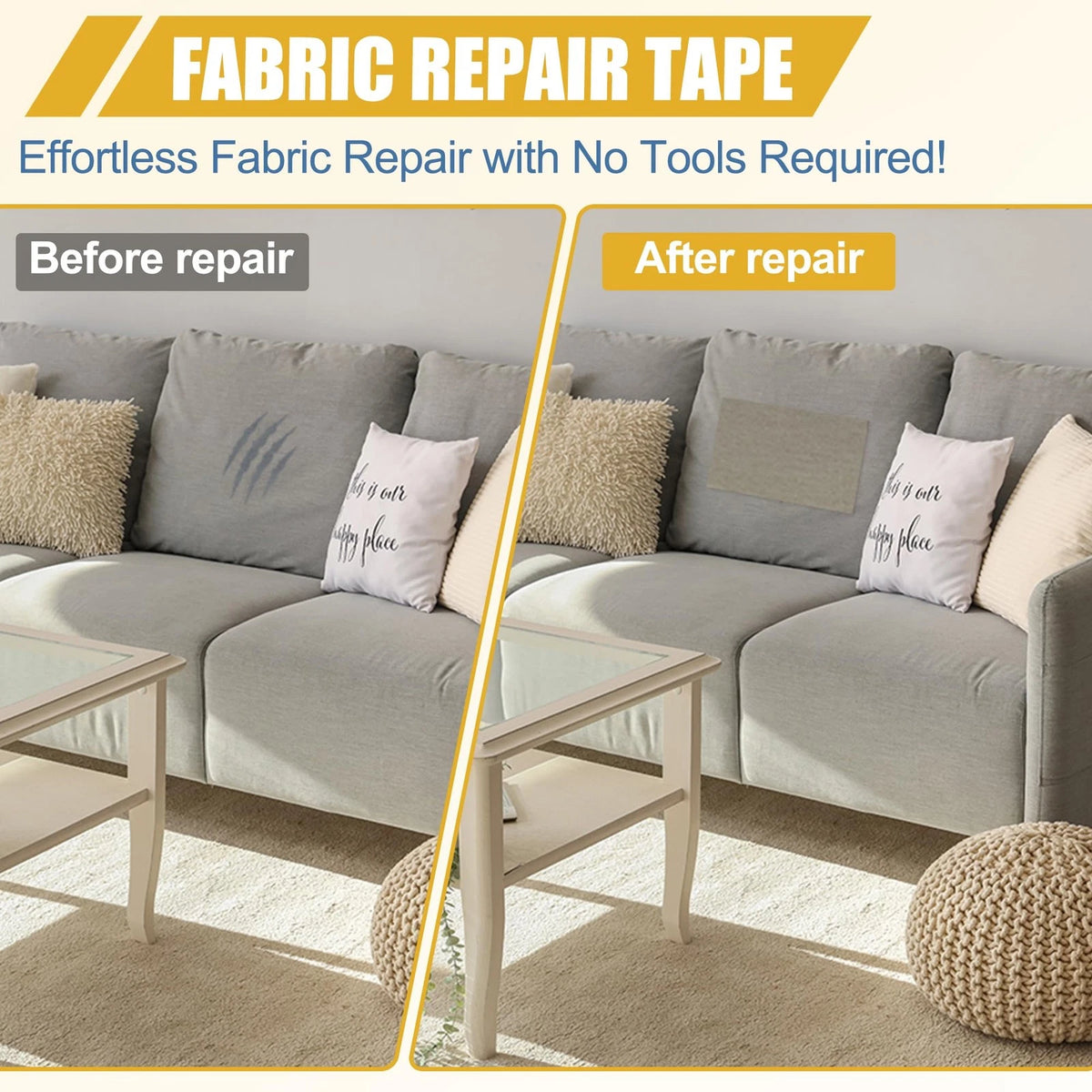 Fabric Repair Tape Kit, Self-Adhesive Linen Patch 4" x 80", Grey